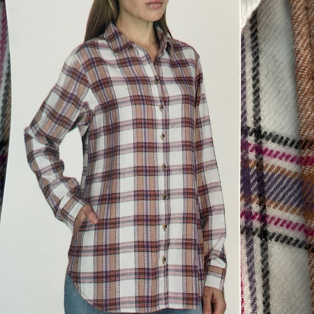 Jachs Girlfriend Flannel Shirt Plaid Button Down Shirt Beige Purple Pink Nwt